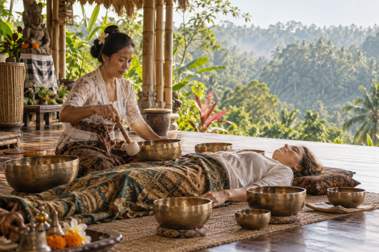 Woman practitioner playing bowls beside a reclining guest in a pavilion overlooking the jungle