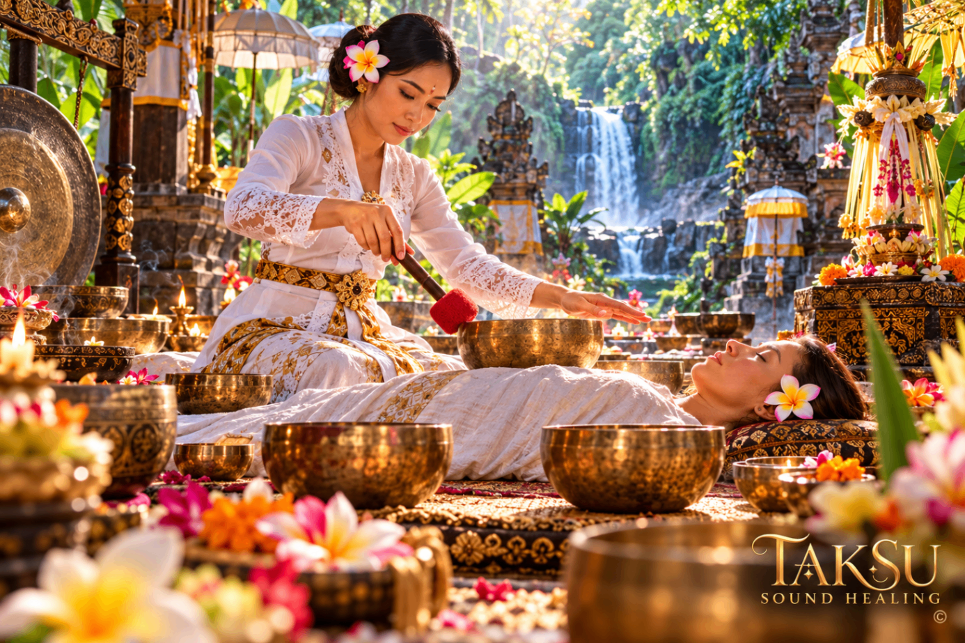 Woman practitioner with singing bowls and a resting guest surrounded by temple offerings