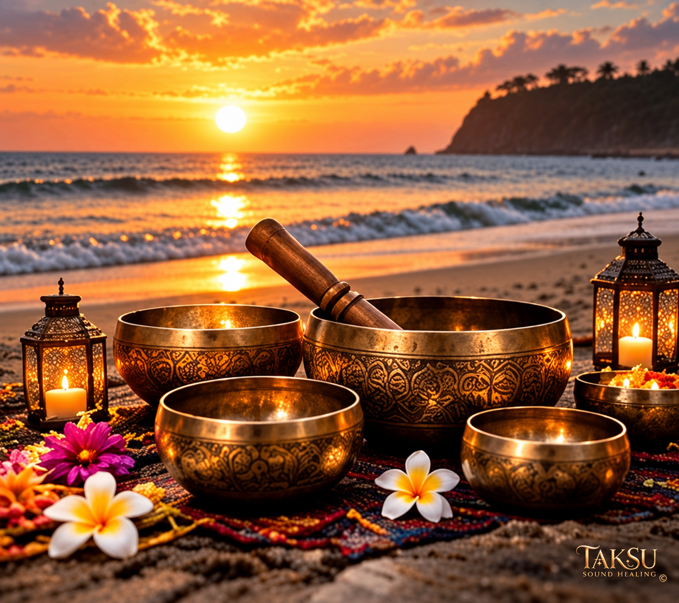 Singing bowls, flowers and lanterns on the shore beneath an orange sunset