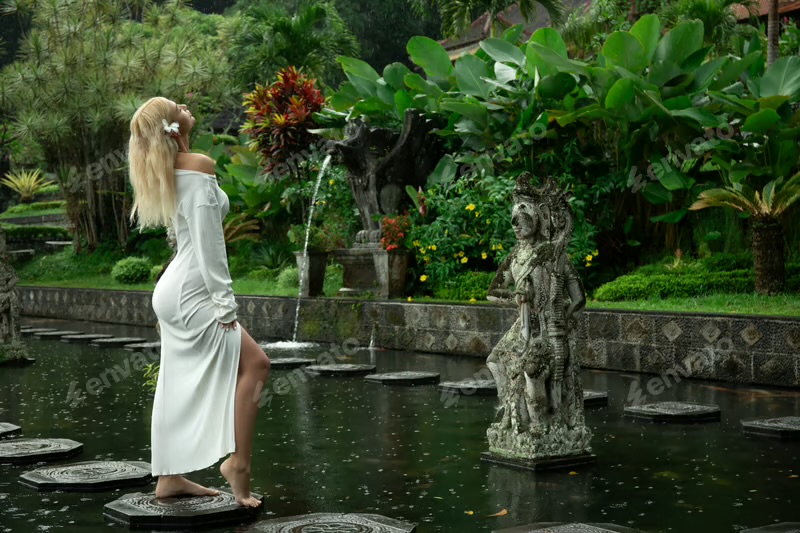 Woman standing on stepping stones beside a Balinese garden pond
